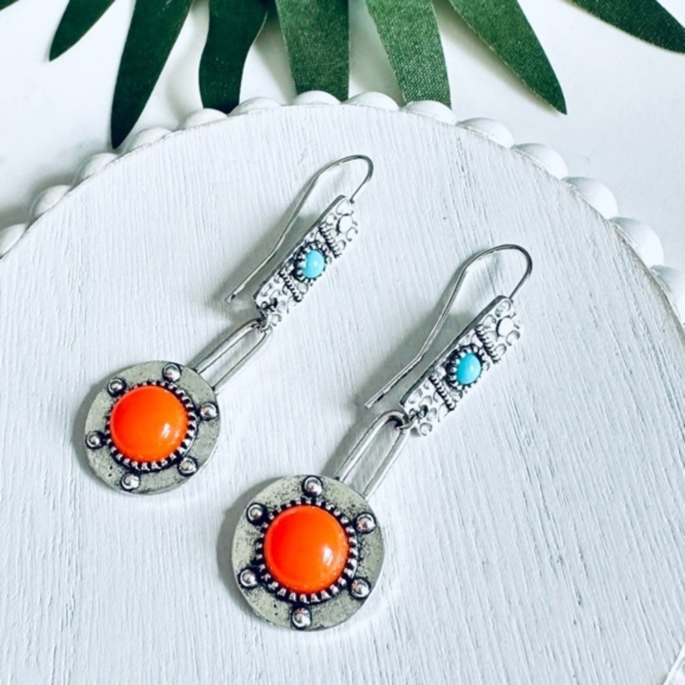 2/$30🌵 Bohemian Orange & Faux Turquoise Stone Silver Bar Earrings Boho Jewelry